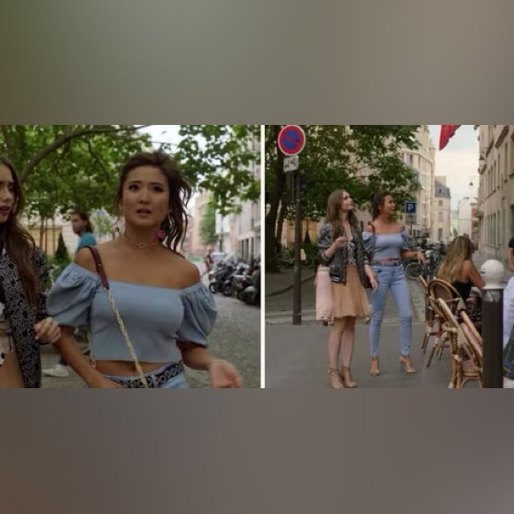 ASO Emily In Paris, Baby Blue Off-The-Shoulder Zara Ruffle Top, size Small - Picture 8 of 11